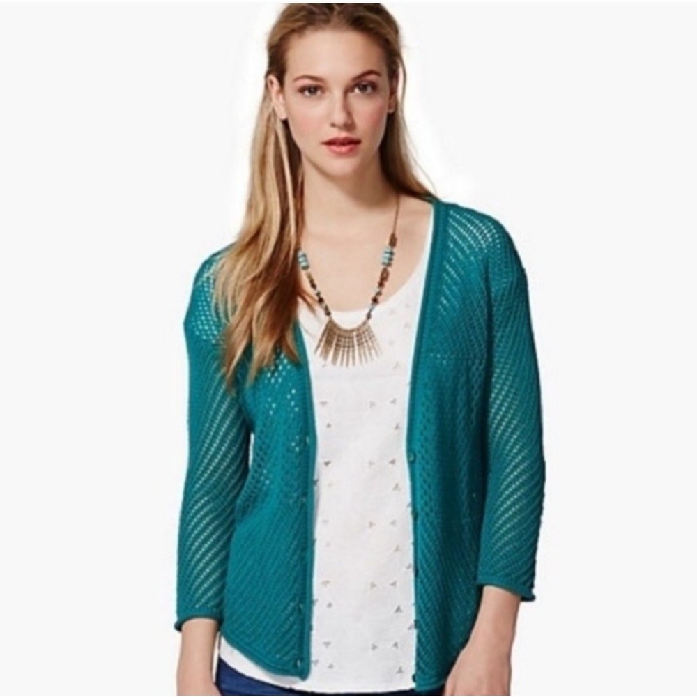 Lucky Brand Green Teal Crochet High Low Cardigan Size S